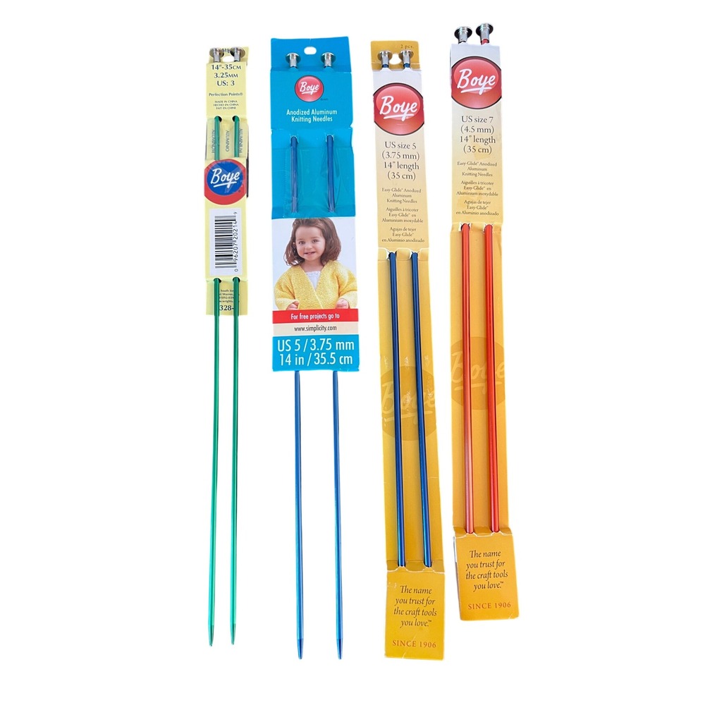Boye Anodized Aluminum Knitting Needles Lot 4 Pairs US Sizes 3 5 7 14 Inch 35cm
